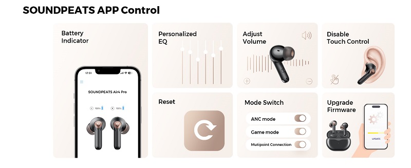 Soundpeats Air4 Pro có điều khiển cảm ứng và điều khiển trên app điện thoại